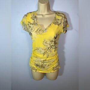 INC Floral Yellow tan gray V-Neck sheer mesh Y2K Women's short sleeve blouse